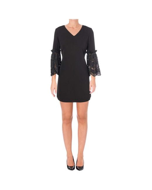 Tahari Black By Arthur S. Levine Petite Size V Neck Shift Dress With Lace Bell Sleeve Details
