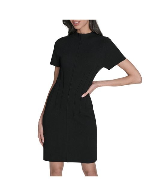 Eliza J Women's Black Short Sleeve Mock Neck Pinktuck Sheath Sweater Dress