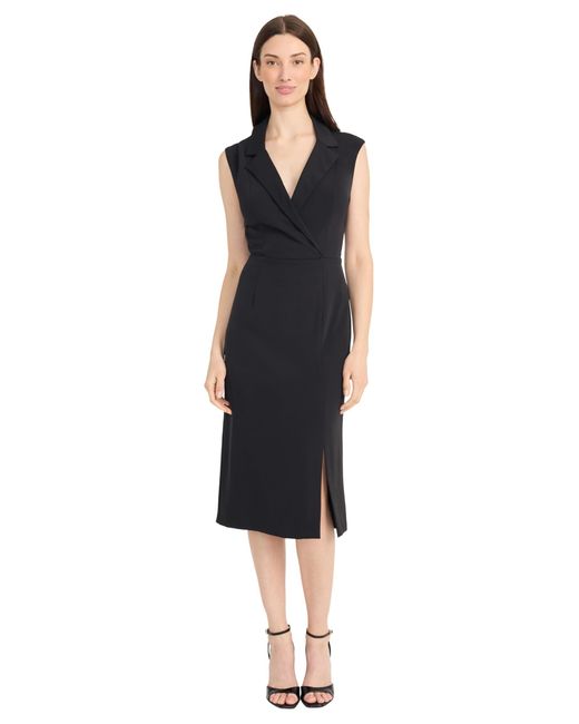 Maggy London Black Tailored Wrap Midi Deep V-neck-sleeveless Professional Wear-formal Evening Dress