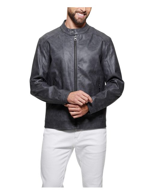 GUESS Men's Faux Leather Moto Bomber Jacket