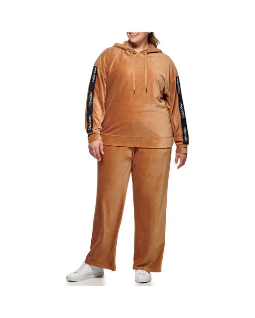 Calvin Klein Brown Performance Plus Size Logo Tape Micro Rib Velour Pullover