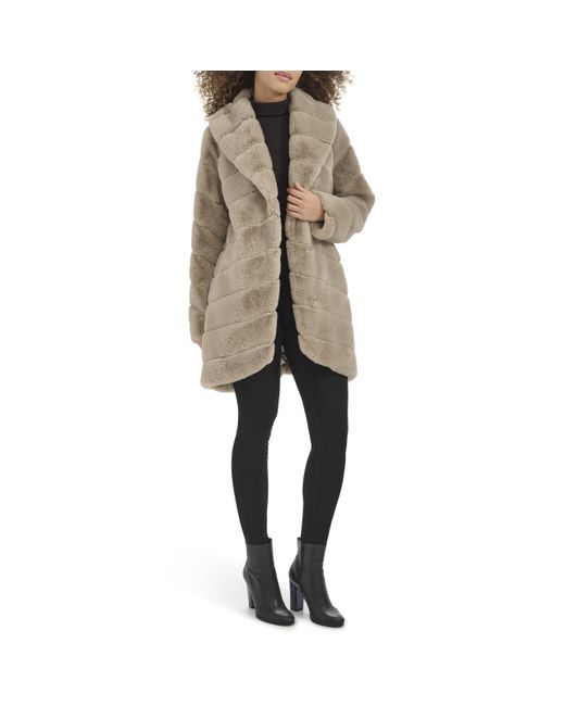 Kenneth Cole Natural Plush Grooved Faux Mink Coat With Shawl Collar
