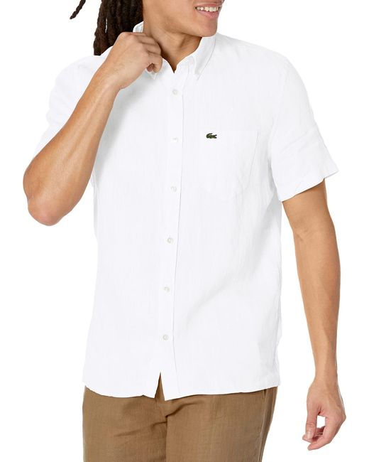 Lacoste White S Contemporary Collections Short Sleeve Regular Fit Linen Casual With Front Pocket Button Down Shirt for men