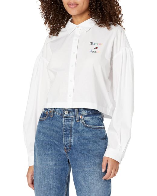 Tommy Hilfiger White Cropped Chambray Long Sleeve Button Up