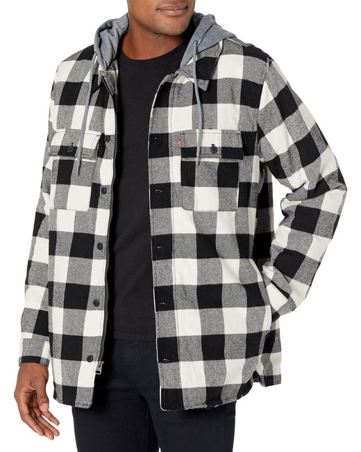 Levi's Cotton Plaid Shirt Jacket With Soft Faux Fur Lining And Jersey Hood  in Black for Men | Lyst