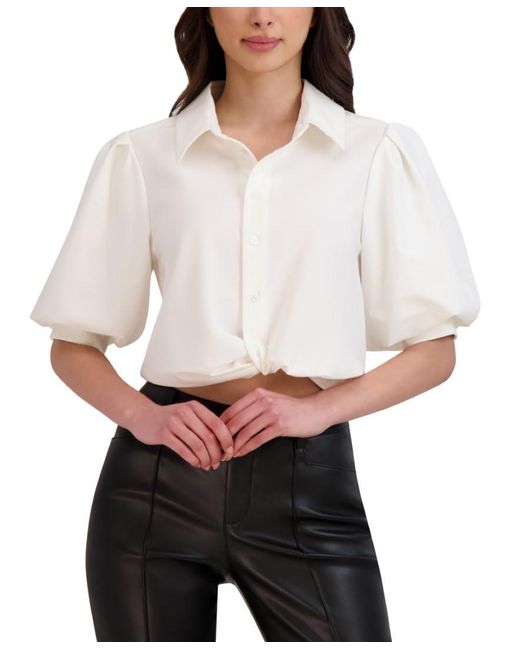 BCBGeneration White Short Puff Sleeve Collar Neck Smocked Cuff Cropped Blouson Top