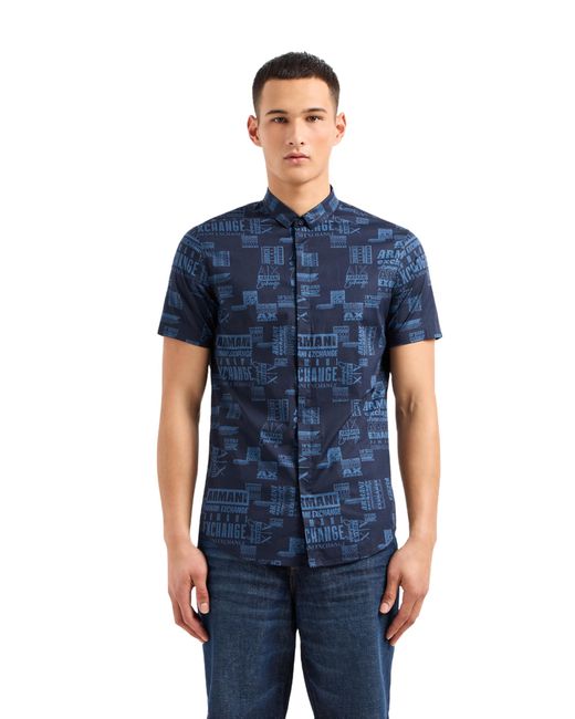 Emporio Armani Blue A | X Armani Exchange Short Sleeve All-over Logo Button Down Shirt. Slim Fit for men