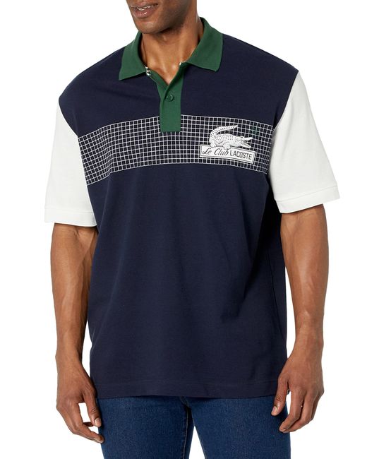 Lacoste Blue Contemporary Collection's Short Sleeve Loose Fit Pique Graphic Polo Shirt for men