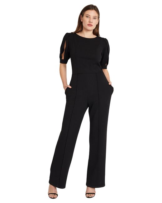 Donna Morgan Black Jewel Neck Slit Detail Puff Sleeves And Pockets | Jumpsuits For Dressy