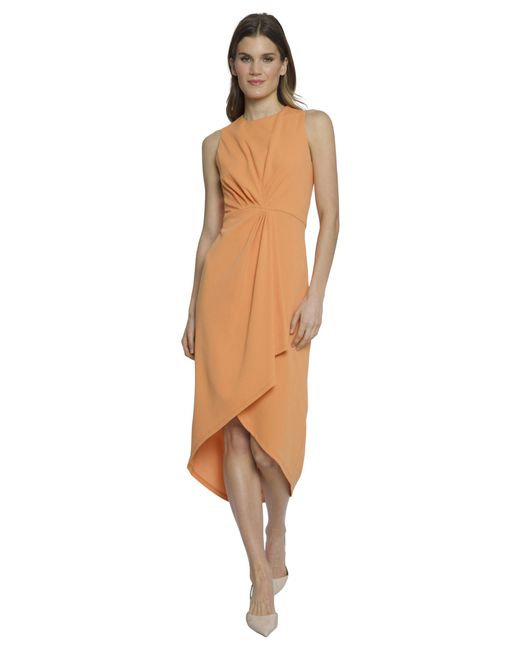 Maggy London Orange Sleeveless Jewel Neck Asymmetrical Midi For Wedding Guest | Cocktail Dress For