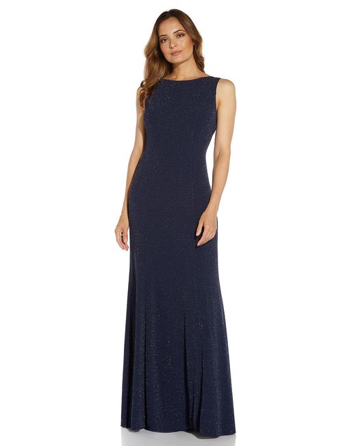 Adrianna Papell Metallic Knit Cowl Back Gown in Light Navy (Blue ...