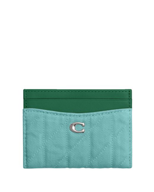 COACH Green Essential Card Case In Quilted Dyed Colored Denim