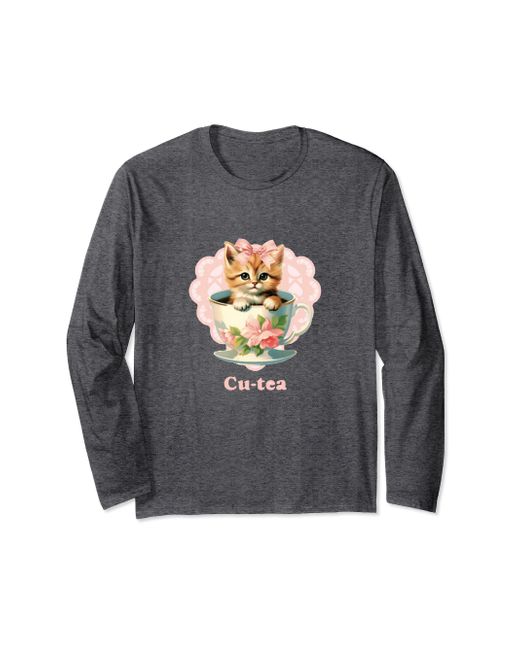 Champion Gray Cute Kitten Kawaii Cat In Tea Cup Coquette Style Long Sleeve T-shirt