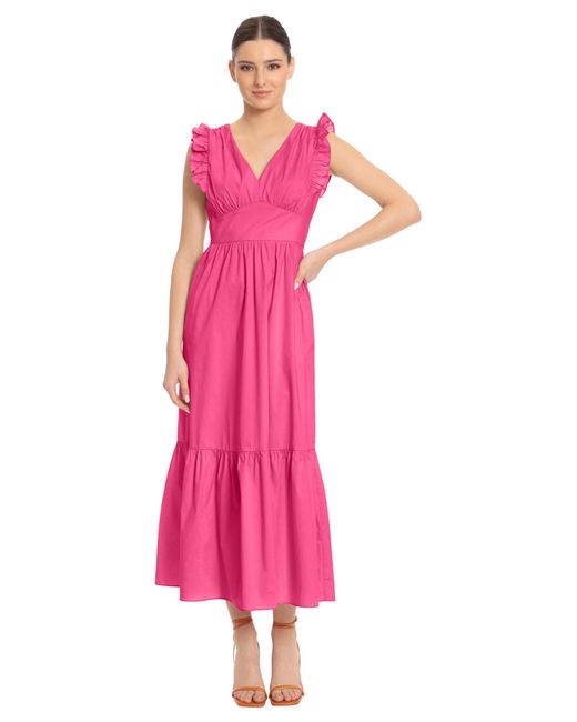 Maggy London Pink V-neck Ruffle Details Cotton Poplin Maxi Dress
