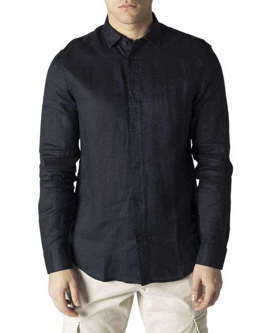 Emporio Armani Blue A | X Armani Exchange Long Sleeve Linen Button Down Shirt. Regular Fit for men