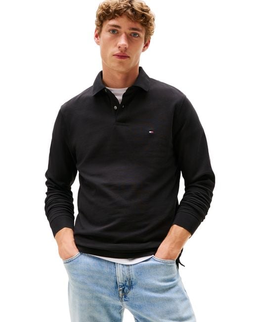 Tommy Hilfiger Black Long Sleeve Polo Shirts In Regular Fit With Stretch And Organic Pique Cotton for men