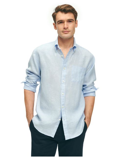 Brooks Brothers Blue Regular Fit Irish Linen Long Sleeve Sport Shirt for men