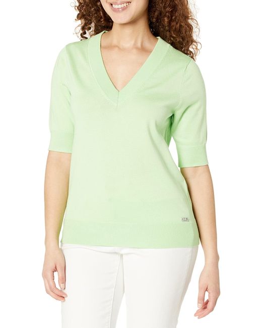 DKNY Green V-neck Elbow Sleeve Lightweight Sweater