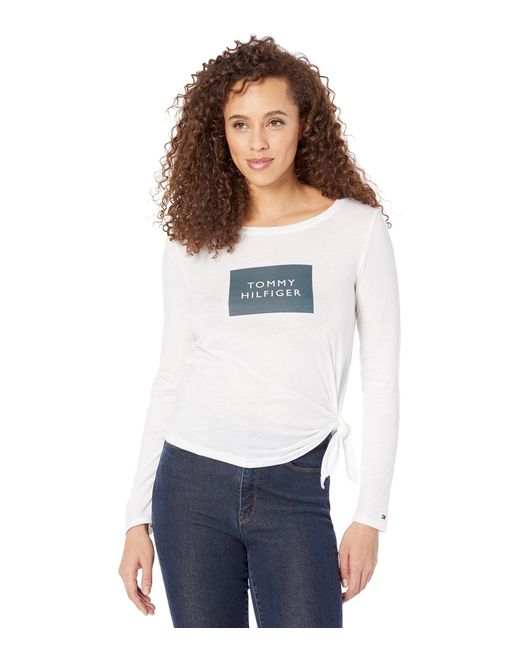 Tommy Hilfiger White Womens Adaptive Logo Long Sleeve Tie T-shirt With Wide Neck Opening T Shirt