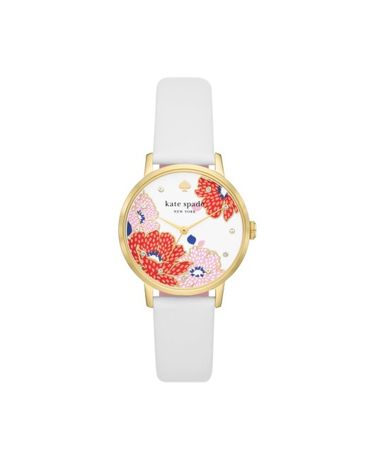 Kate Spade Pink Metro Floral Gold And White Leather Band Watch