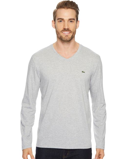 Lacoste White Mens Long Sleeve Jersey Pima V-neck T-shirt T Shirt for men