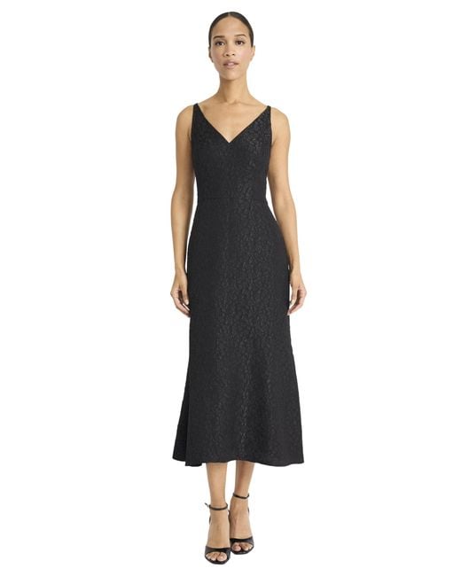Maggy London Black Fit & Flare V-neck Tea Length Midi Dress-textured Jacquard With Adjustable Straps-cocktail Formal Attire