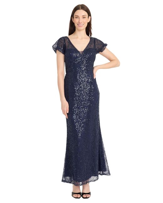 Maggy London Blue Sequin Lace Flutter Sleeve V-neck Trumpet Gown-fitted Evening Long Formal Dress