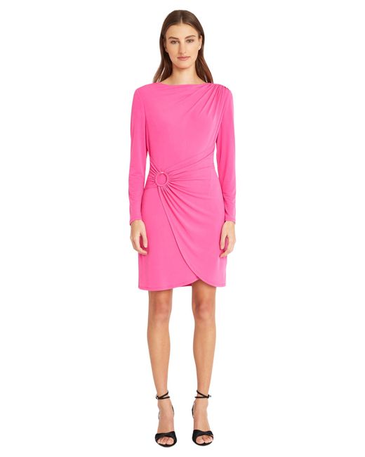 Donna Morgan Pink Long Sleeve Ruching And Wrap Dress Look With Circle Trim