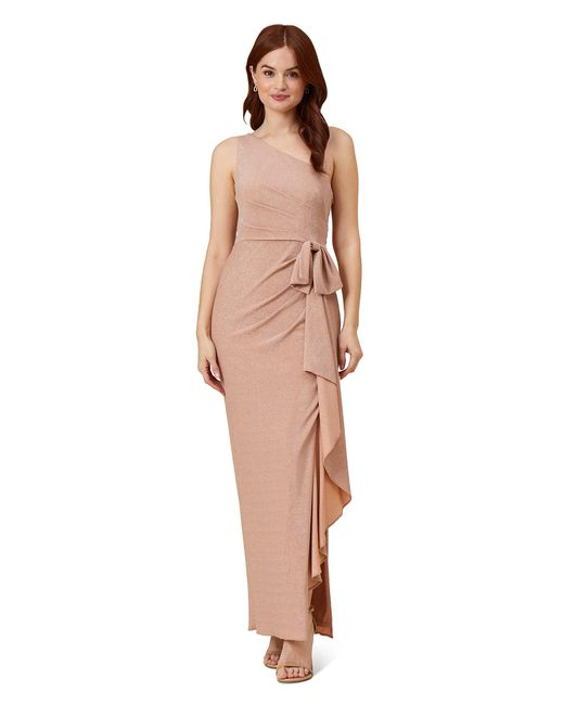 Adrianna Papell Natural Long Stretch Metallic Knit One Shoulder Cascade Side Draped Gown
