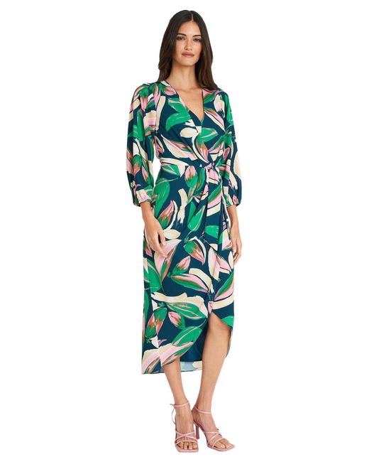 Maggy London Green S Long Sleeve V-neck Faux Wrap Crepe Event Party Occasion Guest Of Dress