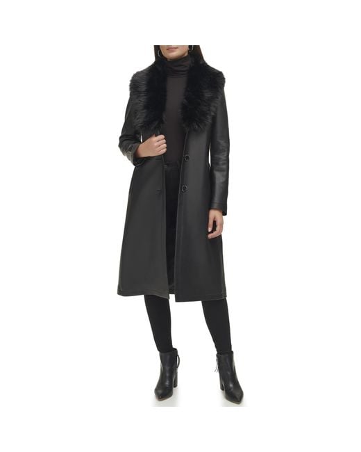 Kenneth Cole Knee Length Faux Leather Belted Moto Jacket With Fur