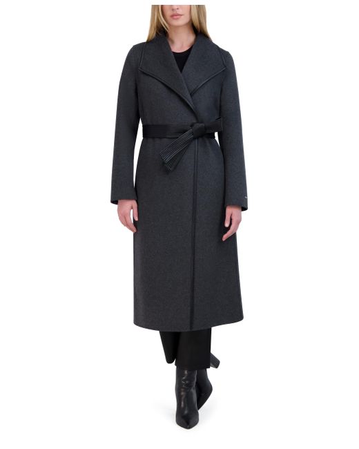 Tahari Blue Double-faced Luxury Soft Wool Blend Long Line Wrap Coat