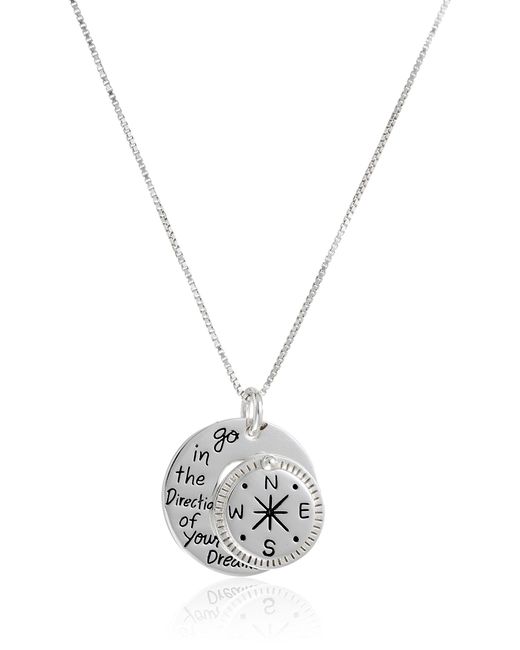 Amazon Essentials White Sterling Silver "go In The Direction Of Your Dreams" With Compass Pendant Necklace