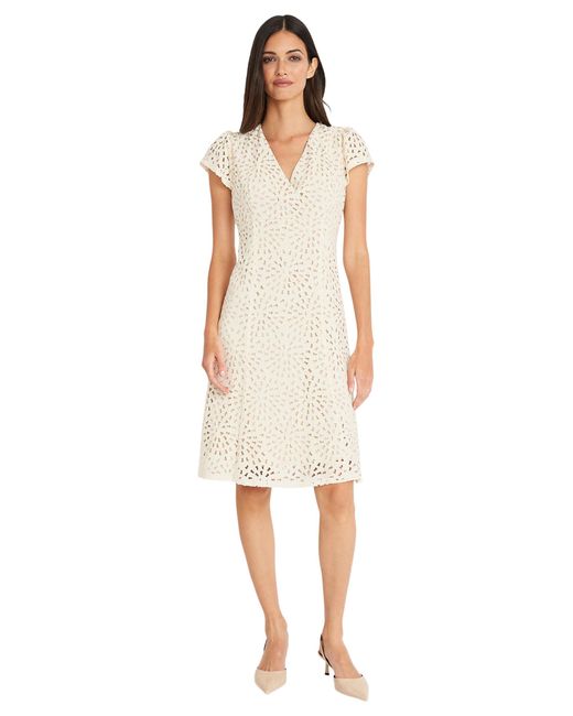 Maggy London White V-neck Floral Laser Cut Fit And Flare Knee Length Dress For
