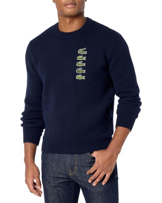 Lacoste Blue Long Sleeve Crew Neck Stacked Timeline Croc Sweater for men