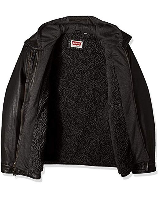 Men S Black Big Vintage Deer Faux Leather Hooded Trucker With Full Sherpa Lining