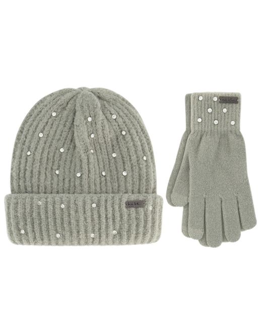Nicole Miller Gray Rhinestone Winter Beanie Hats Soft & Warm Gloves Set