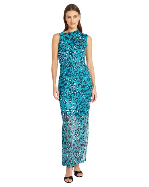 Donna Morgan Blue Side Pleat Maxi Dress With Gathered Neck And Asymmetric Shoulders