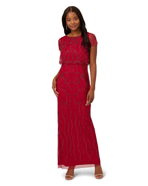Adrianna Papell Red Beaded Mesh Gown