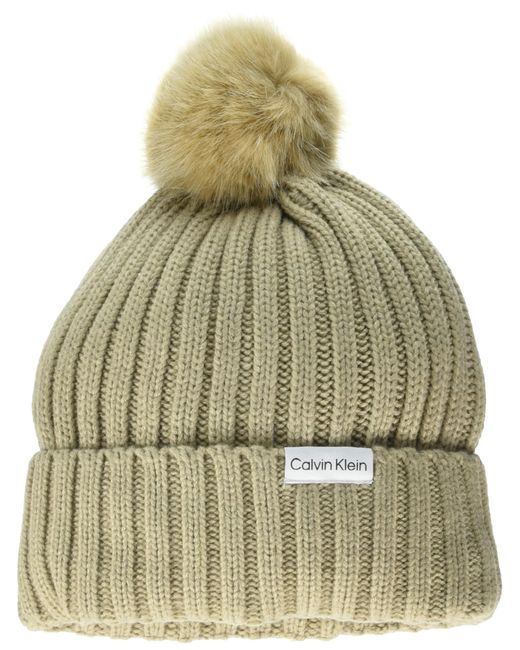 Calvin Klein Green Warm Fleece Lined Faux Fur Pom Hat