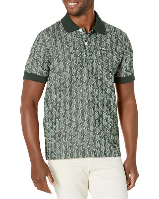 Lacoste Classic Fit Monogram Print Contrast Collar Polo in Green for