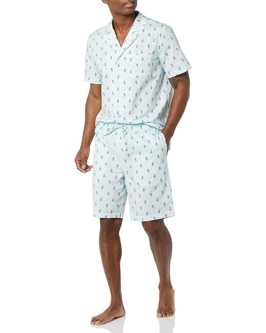 Amazon Essentials Blue Lightweight Woven Short Pajama Set With Notch Collar And Button Loungewear for men