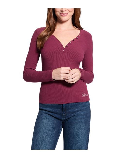Guess Long Sleeve Kyla Rib Henley in Red Lyst