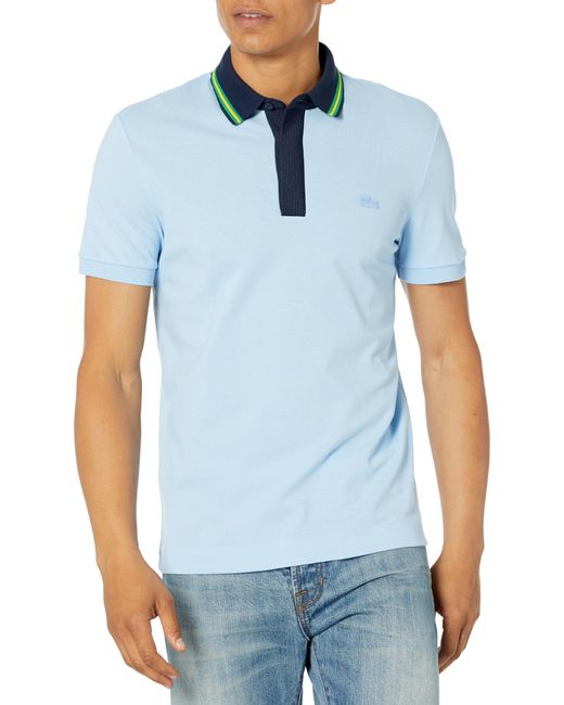 Lacoste Blue Short Sleeve Regular Fit Striped Neck Polo Shirt for men