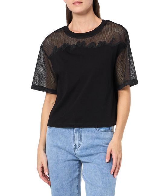 Armani Exchange Black Cropped T-shirt In Asv Organic Cotton
