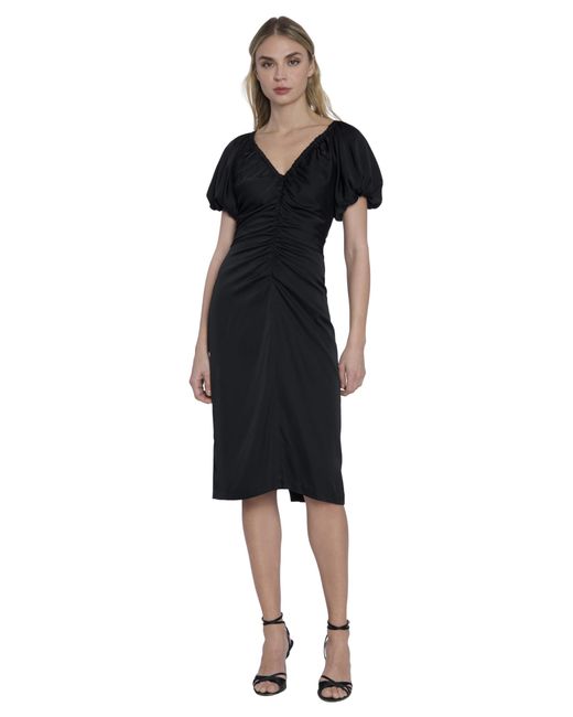 Maggy London Black S Puff Sleeve Below The Knee With Ruching | Wedding Guest Dresses For