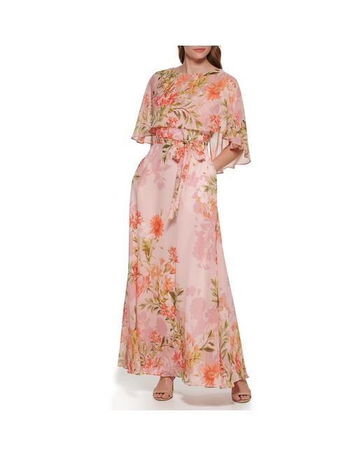 Eliza J Pink Maxi Style Caplet Chiffon Elbow Sleeve Jewel Neck Dress