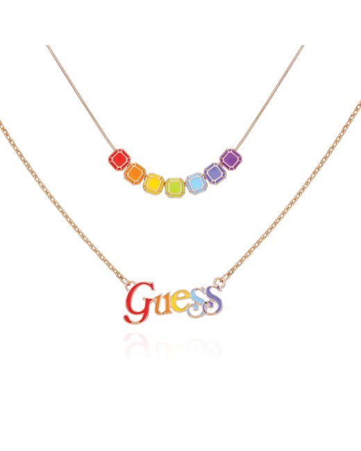 Guess Metallic Goldtone Rainbow Glass Stones Logo Layered Necklace
