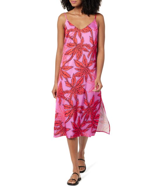 The Drop Red Ana Silky V-neck Midi Slip Dress Tropical Pink Floral Print