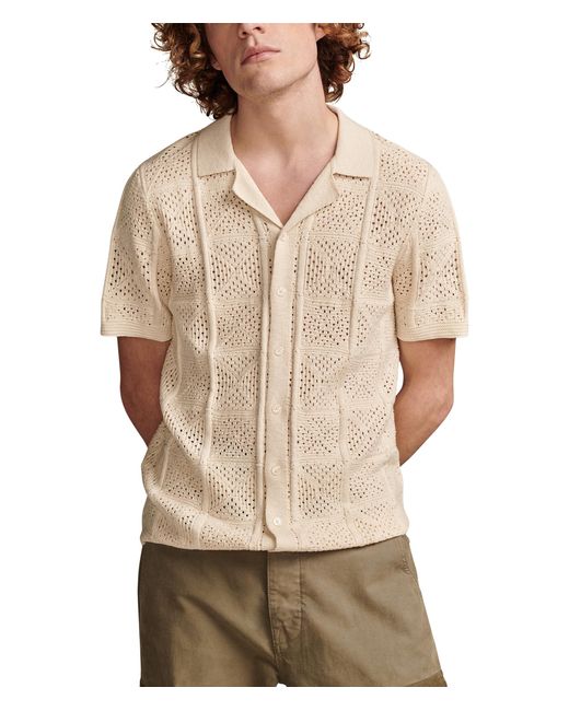 Lucky Brand Natural Crochet Camp Collar Short Sleeve Shirt for men